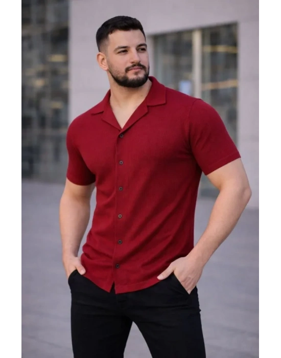 Erkek Waffle Kumaş Kısa Kollu Düğmeli Açık Yaka Regular Fit Gömlek  Kırmızı
