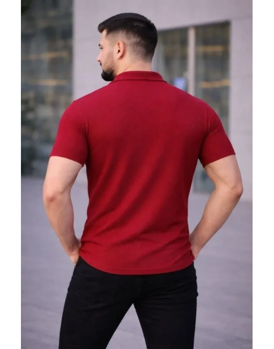Erkek Waffle Kumaş Kısa Kollu Düğmeli Açık Yaka Regular Fit Gömlek  Kırmızı