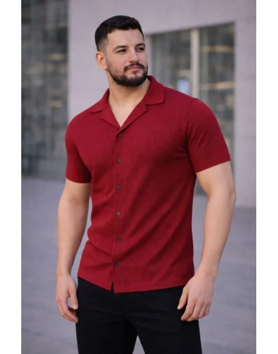 Erkek Waffle Kumaş Kısa Kollu Düğmeli Açık Yaka Regular Fit Gömlek  Kırmızı