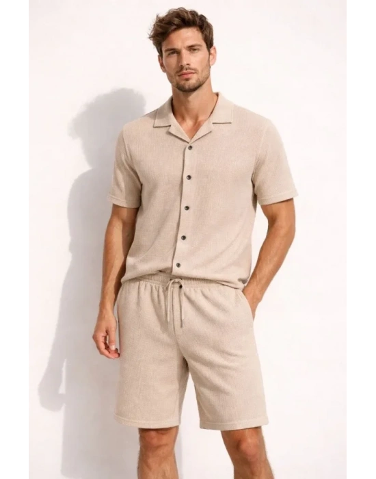 Erkek Waffle Kumaş Kısa Kollu Gömlek Şort Takım Regular Fit Yazlık İkili et  Bej