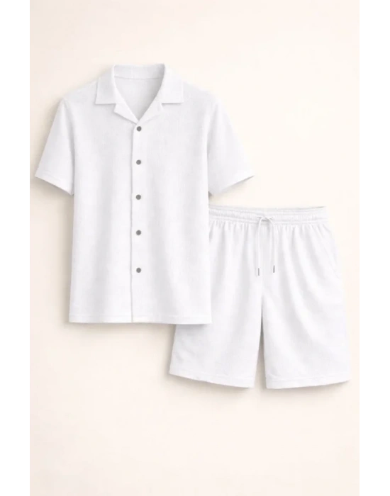 Erkek Waffle Kumaş Kısa Kollu Gömlek Şort Takım Regular Fit Yazlık İkili et  Beyaz