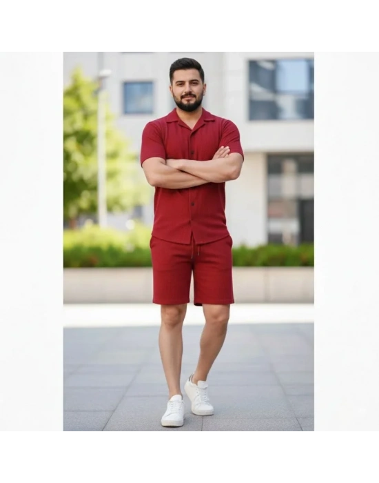 Erkek Waffle Kumaş Kısa Kollu Gömlek Şort Takım Regular Fit Yazlık İkili et  Bordo