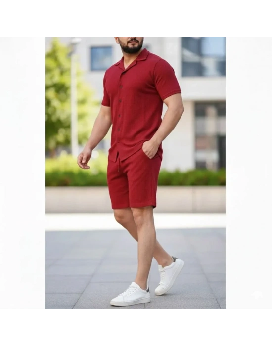 Erkek Waffle Kumaş Kısa Kollu Gömlek Şort Takım Regular Fit Yazlık İkili et  Bordo