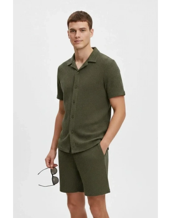 Erkek Waffle Kumaş Kısa Kollu Gömlek Şort Takım Regular Fit Yazlık İkili et  Haki