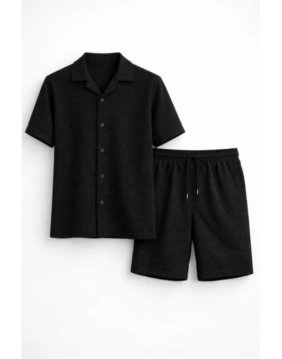 Erkek Waffle Kumaş Kısa Kollu Gömlek Şort Takım Regular Fit Yazlık İkili et  iyah