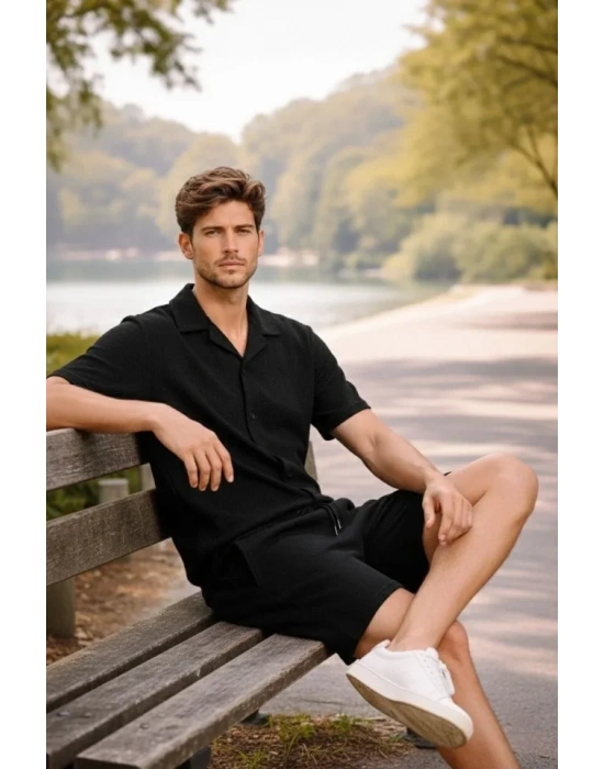 Erkek Waffle Kumaş Kısa Kollu Gömlek Şort Takım Regular Fit Yazlık İkili et  iyah