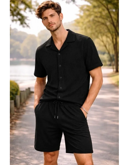 Erkek Waffle Kumaş Kısa Kollu Gömlek Şort Takım Regular Fit Yazlık İkili et  iyah