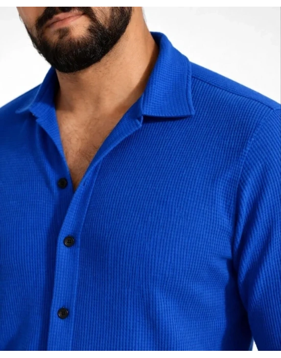Erkek Waffle Kumaş Uzun Kollu Düğmeli Açık Yaka Regular Fit Gömlek  aks avisi