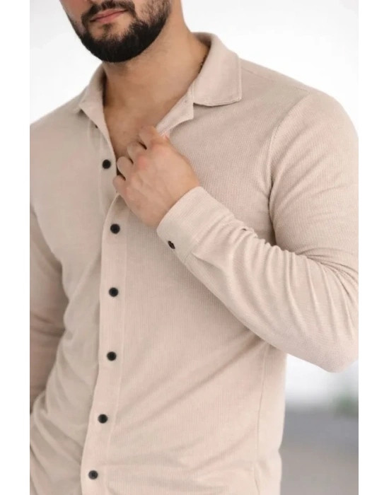 Erkek Waffle Kumaş Uzun Kollu Düğmeli Açık Yaka Regular Fit Gömlek  Bej