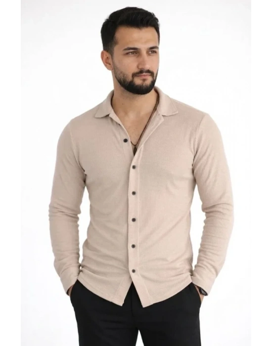 Erkek Waffle Kumaş Uzun Kollu Düğmeli Açık Yaka Regular Fit Gömlek  Bej