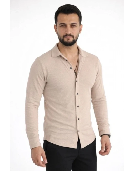 Erkek Waffle Kumaş Uzun Kollu Düğmeli Açık Yaka Regular Fit Gömlek  Bej