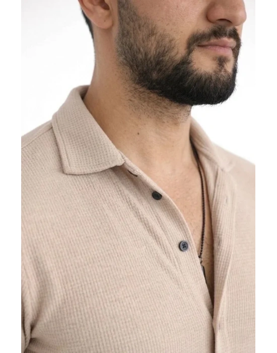 Erkek Waffle Kumaş Uzun Kollu Düğmeli Açık Yaka Regular Fit Gömlek  Bej
