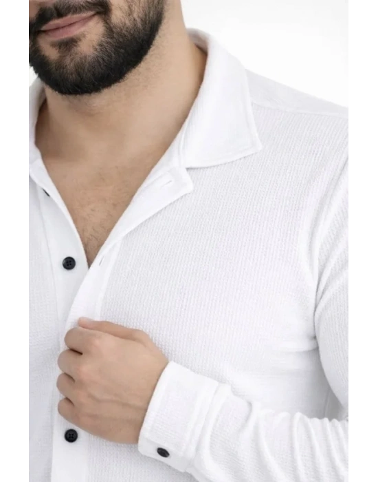 Erkek Waffle Kumaş Uzun Kollu Düğmeli Açık Yaka Regular Fit Gömlek  Beyaz