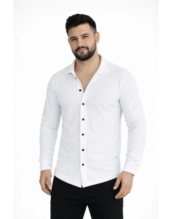 Erkek Waffle Kumaş Uzun Kollu Düğmeli Açık Yaka Regular Fit Gömlek  Beyaz