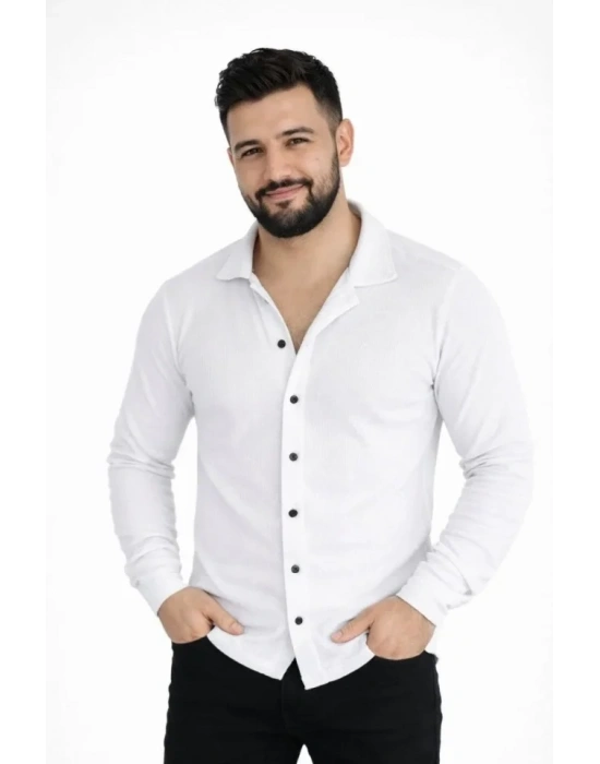 Erkek Waffle Kumaş Uzun Kollu Düğmeli Açık Yaka Regular Fit Gömlek  Beyaz