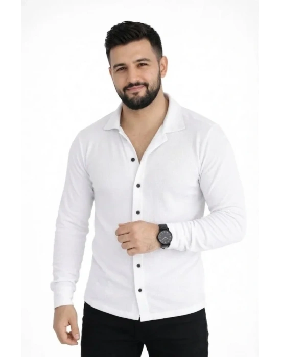 Erkek Waffle Kumaş Uzun Kollu Düğmeli Açık Yaka Regular Fit Gömlek  Beyaz