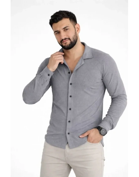 Erkek Waffle Kumaş Uzun Kollu Düğmeli Açık Yaka Regular Fit Gömlek  Füme