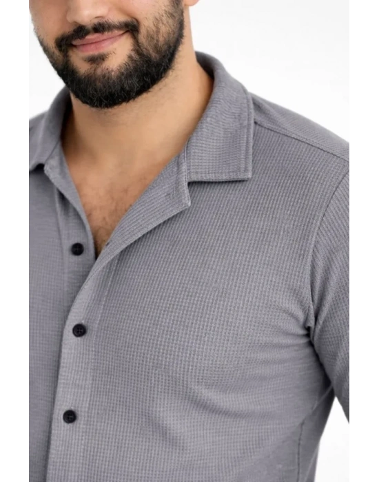 Erkek Waffle Kumaş Uzun Kollu Düğmeli Açık Yaka Regular Fit Gömlek  Füme