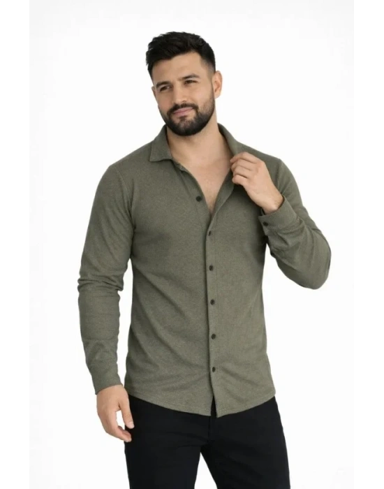 Erkek Waffle Kumaş Uzun Kollu Düğmeli Açık Yaka Regular Fit Gömlek  Haki