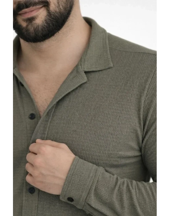 Erkek Waffle Kumaş Uzun Kollu Düğmeli Açık Yaka Regular Fit Gömlek  Haki
