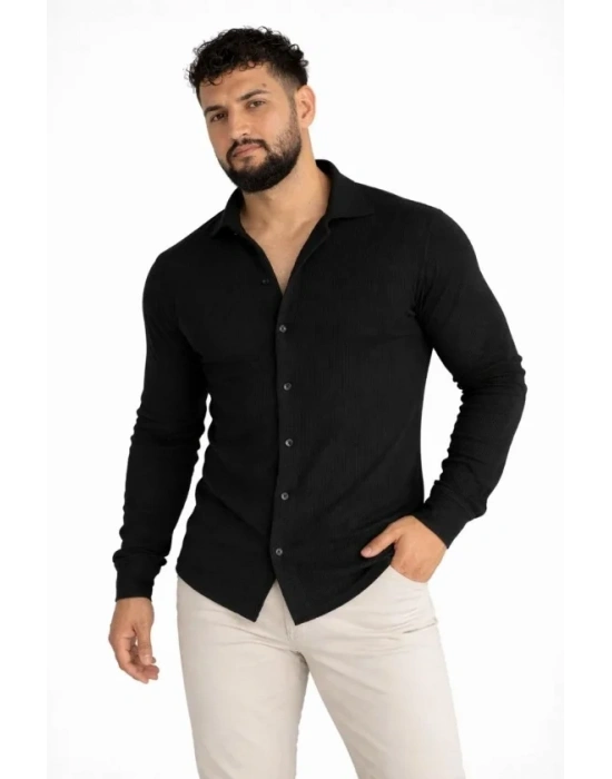 Erkek Waffle Kumaş Uzun Kollu Düğmeli Açık Yaka Regular Fit Gömlek  iyah