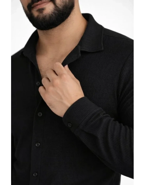 Erkek Waffle Kumaş Uzun Kollu Düğmeli Açık Yaka Regular Fit Gömlek  iyah