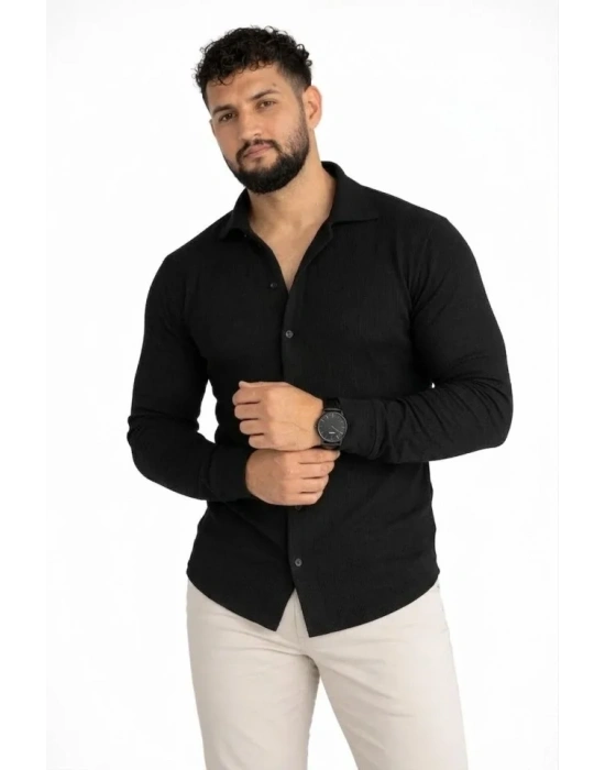 Erkek Waffle Kumaş Uzun Kollu Düğmeli Açık Yaka Regular Fit Gömlek  iyah