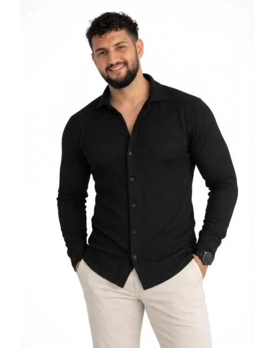 Erkek Waffle Kumaş Uzun Kollu Düğmeli Açık Yaka Regular Fit Gömlek  iyah