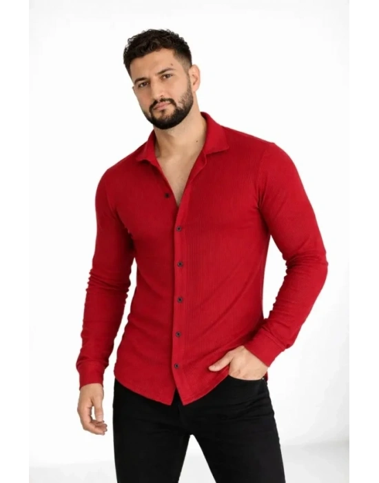 Erkek Waffle Kumaş Uzun Kollu Düğmeli Açık Yaka Regular Fit Gömlek  Kırmızı