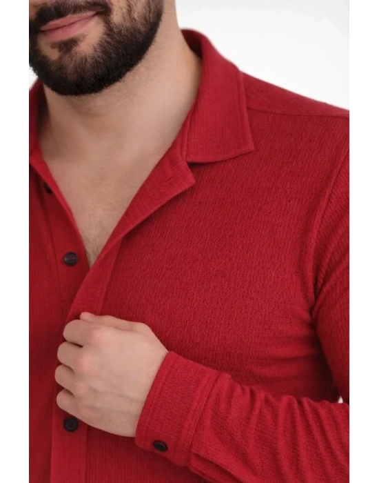 Erkek Waffle Kumaş Uzun Kollu Düğmeli Açık Yaka Regular Fit Gömlek  Kırmızı