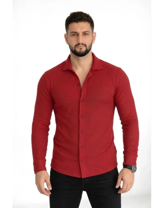 Erkek Waffle Kumaş Uzun Kollu Düğmeli Açık Yaka Regular Fit Gömlek  Kırmızı