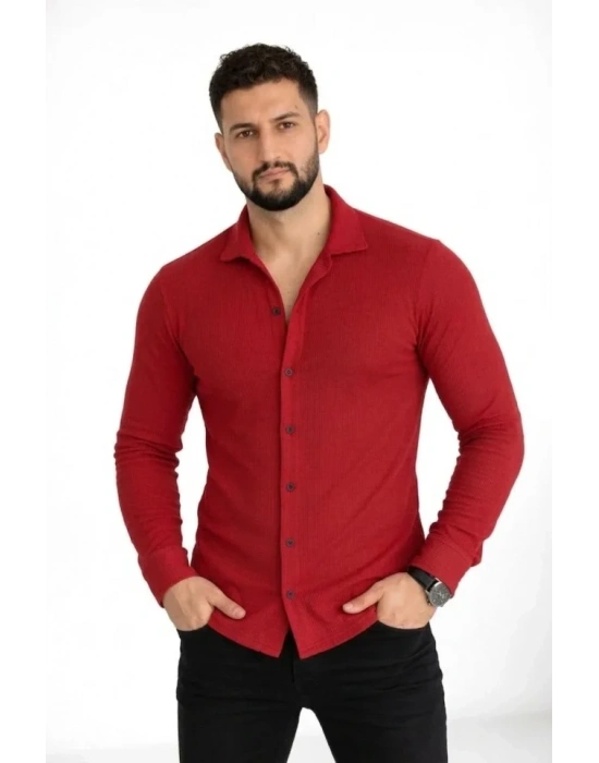 Erkek Waffle Kumaş Uzun Kollu Düğmeli Açık Yaka Regular Fit Gömlek  Kırmızı