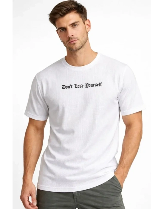 Erkek Wafıl Kumaş Tişört Regular Kalıp Bisiklet Yaka Baskılı Günlük Basic Thirt  Beyaz