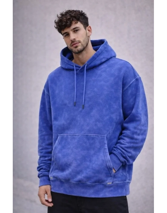 Erkek Yağ Yıkamalı Kapşonlu Double Oversize Üç İplik Pamuklu weatshirt  avi