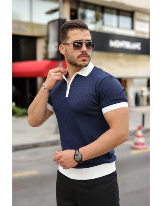 Erkek Yaka Ve Kol Detaylı Fermuar Yakalı Çizgi Desen Kısa Kollu Triko Tişört