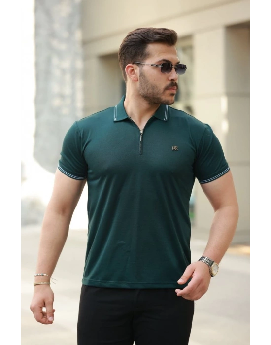 Erkek Yaka Ve Kolları çizgi Detaylı Fermuar Yakalı Kısa Kollu Tişört