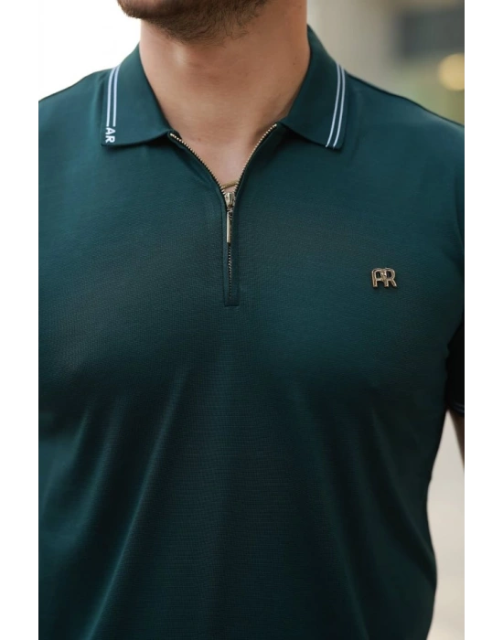 Erkek Yaka Ve Kolları çizgi Detaylı Fermuar Yakalı Kısa Kollu Tişört