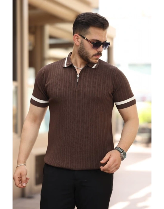 Erkek Yaka Ve Kolları çizgi Detaylı Fermuarlı Kısa Kollu Tshirt