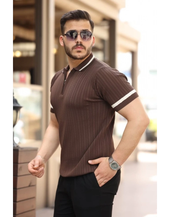 Erkek Yaka Ve Kolları çizgi Detaylı Fermuarlı Kısa Kollu Tshirt