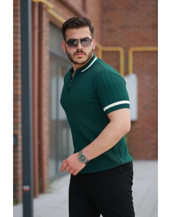 Erkek Yaka Ve Kolları çizgi Detaylı Fermuarlı Kısa Kollu Tshirt