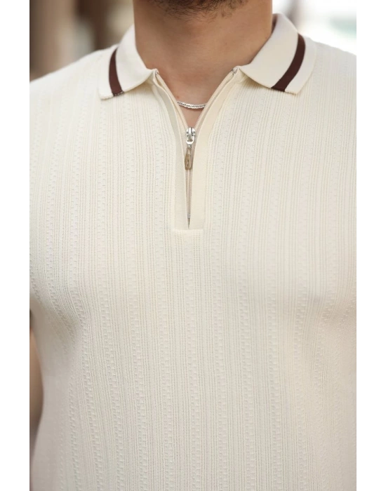 Erkek Yaka Ve Kolları çizgi Detaylı Fermuarlı Kısa Kollu Tshirt