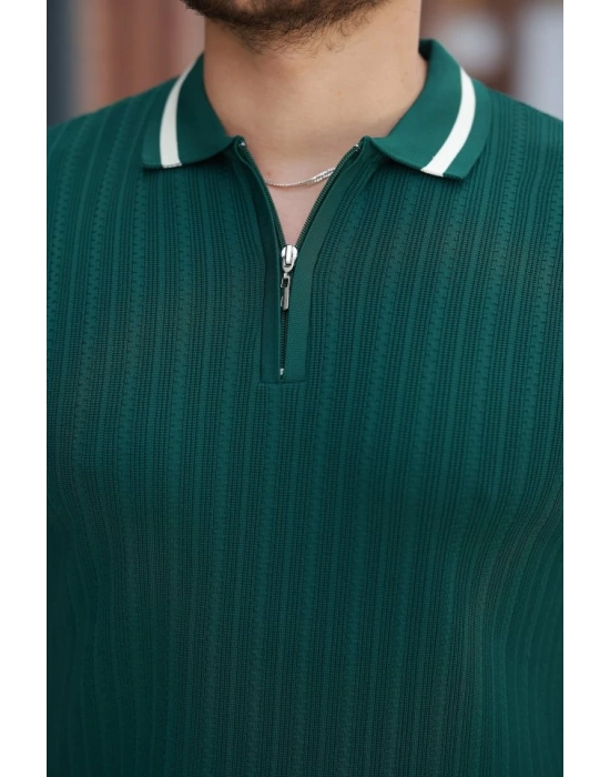 Erkek Yaka Ve Kolları çizgi Detaylı Fermuarlı Kısa Kollu Tshirt