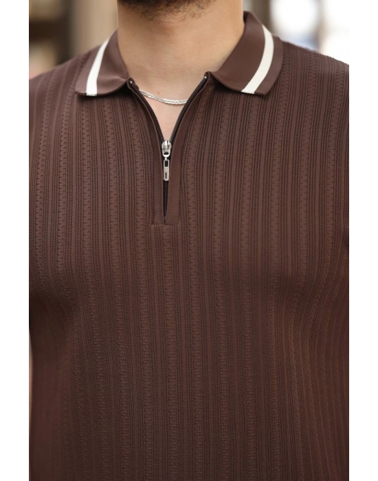 Erkek Yaka Ve Kolları çizgi Detaylı Fermuarlı Kısa Kollu Tshirt