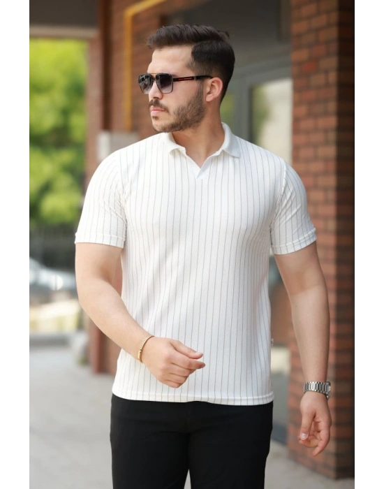 Erkek Yakalı çizgi Desenli Kısa Kollu Tişört