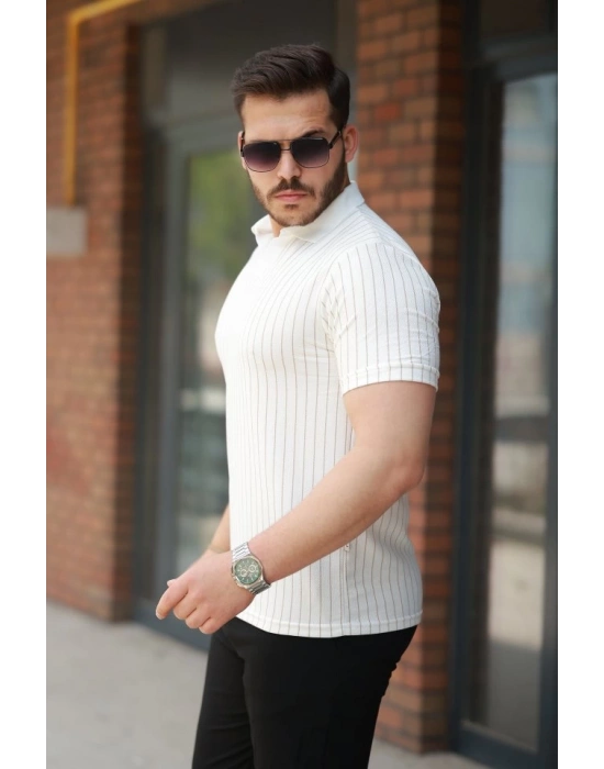 Erkek Yakalı çizgi Desenli Kısa Kollu Tişört