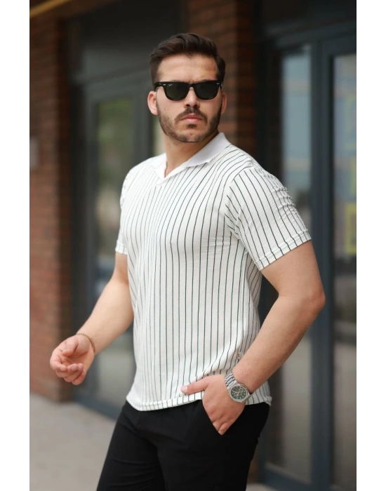 Erkek Yakalı çizgi Desenli Kısa Kollu Tişört
