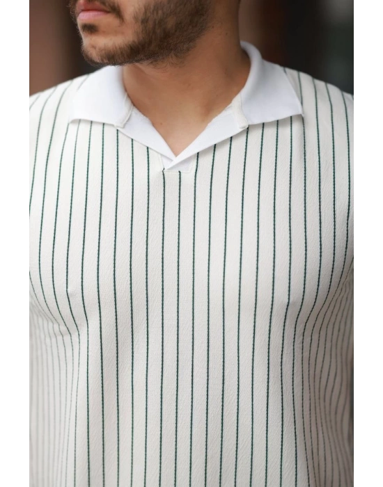 Erkek Yakalı çizgi Desenli Kısa Kollu Tişört