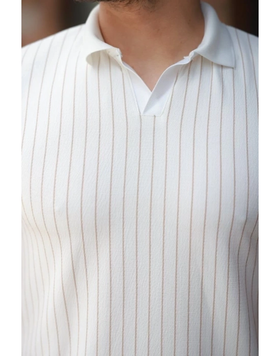 Erkek Yakalı çizgi Desenli Kısa Kollu Tişört