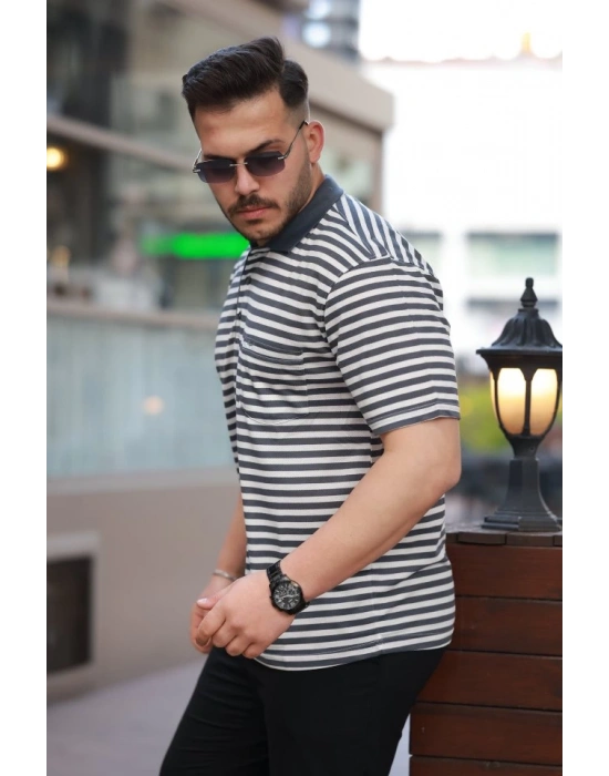 Erkek Yakalı çizgili Kısa Kollu Tshirt