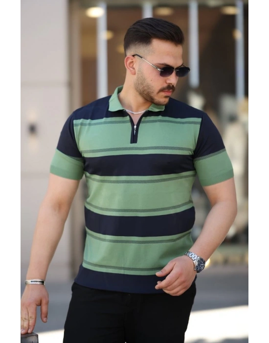 Erkek Yakalı Fermuarlı çift Renk Kısa Kollu Tshirt